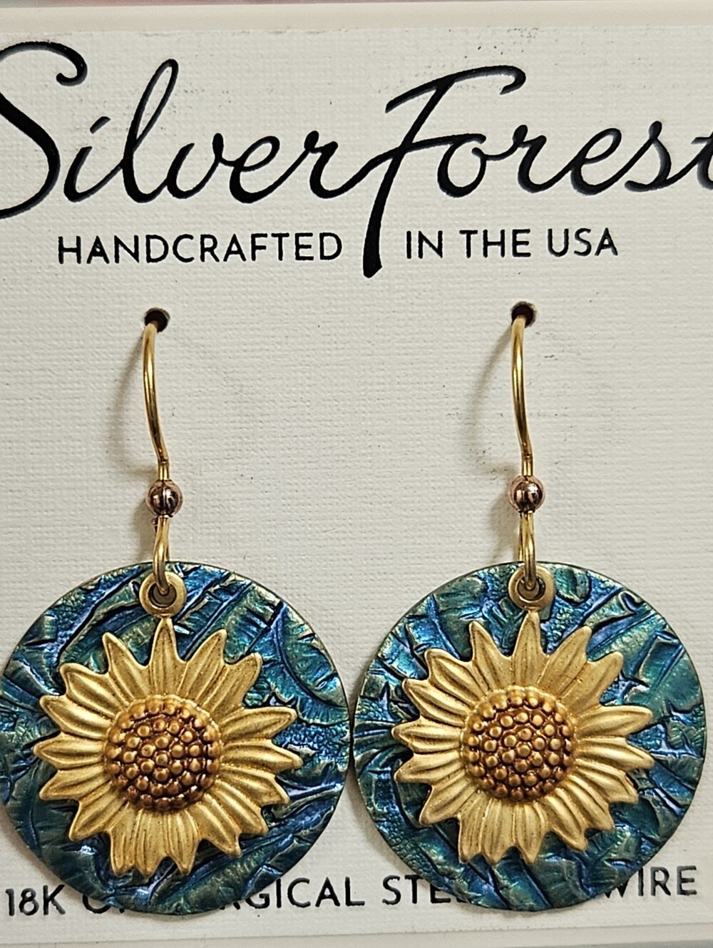 SILVER FOREST 18K ON SURGICAL STEEL BLUE & YELLOW SUNFLOWER EARRINGS - Picture 5 of 8